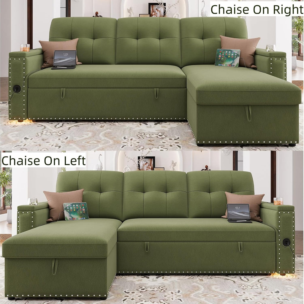 HIFIT Sleeper Sofa Bed- 81' L Shaped Pull Out Couches for Living Room with Storage Chaise, Storage Armrest, LED Light&USB Port&Cupholder, Modern Velvet Sectional Home Sofa Living Room Furniture, Green