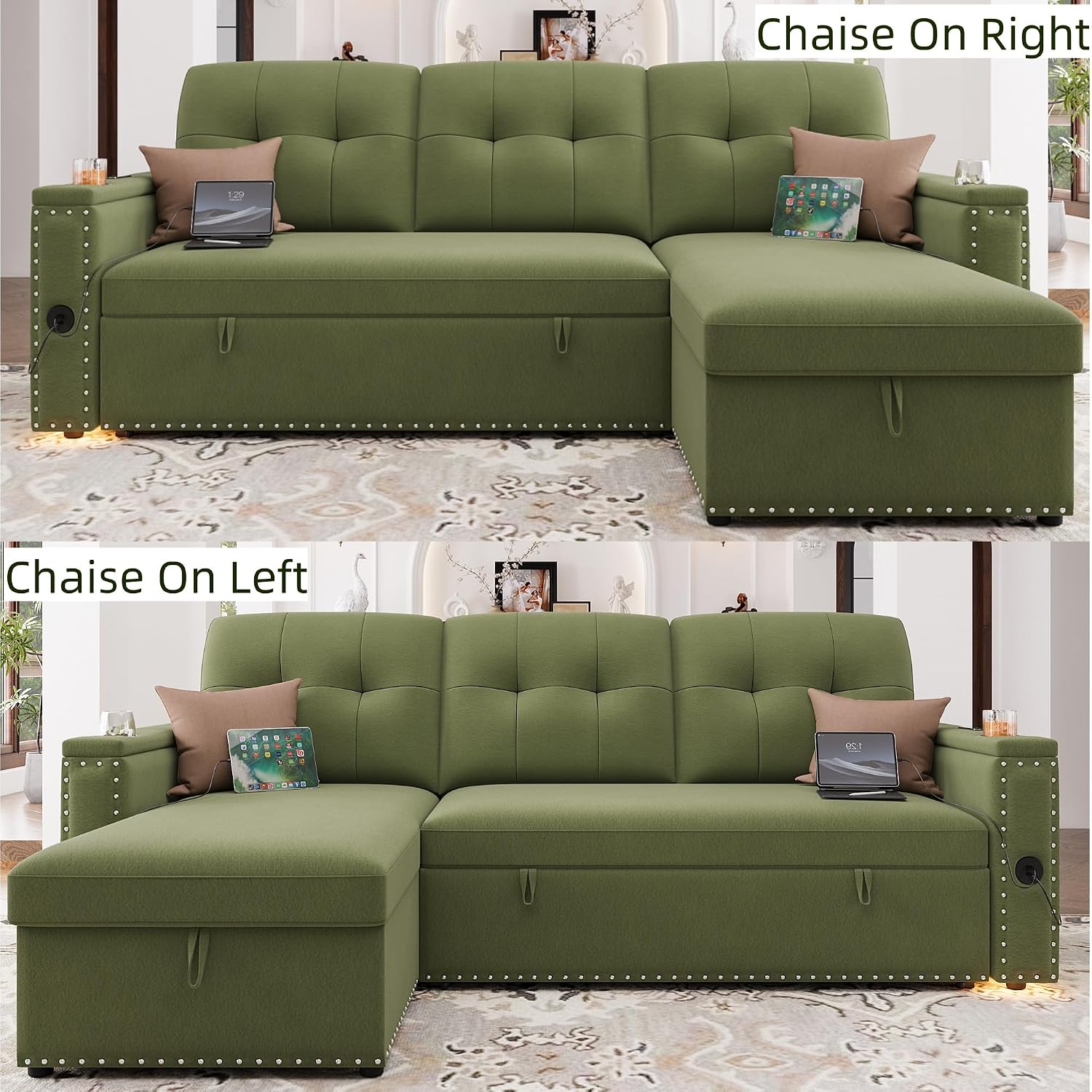 HIFIT Sleeper Sofa Bed- 81' L Shaped Pull Out Couches for Living Room with Storage Chaise, Storage Armrest, LED Light&USB Port&Cupholder, Modern Velvet Sectional Home Sofa Living Room Furniture, Green