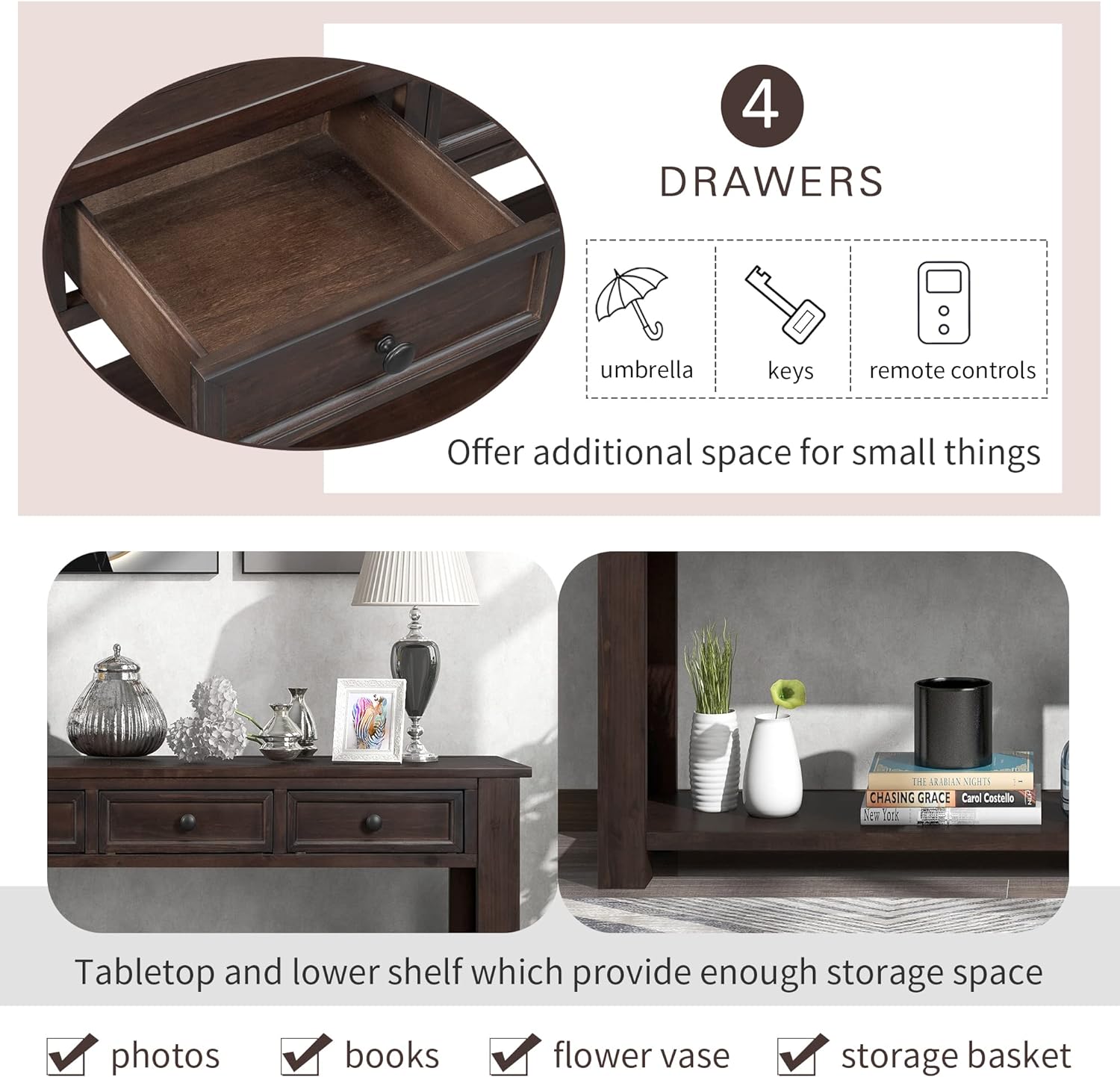 LKTART 63' Solid Wood Console Table Sofa Table with Storage Drawers and Bottom Shelf,Farmhouse Entryway Table for Hallway Foyer,Sofa Couch Table,Easy Assembled (63' Espresso)