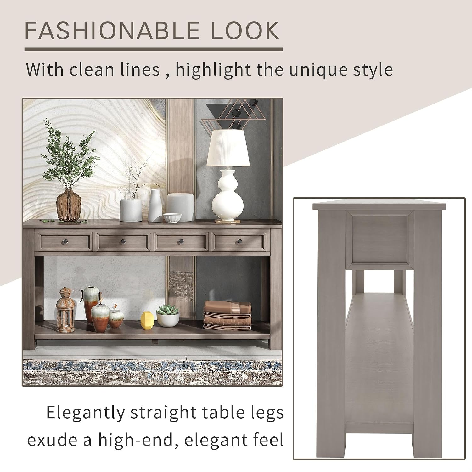 GDFStudio Farmhouse Console Table with 4 Drawer 63' Long Rustic Entryway Table with Open Storage Shelves Vintage Metal Handle Narrow Foyer Sofa Tables for Living Room Entryway Hallway, Gray Wash