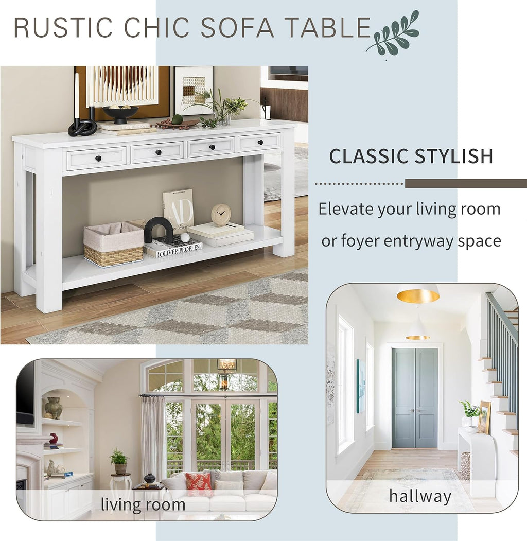 Merax Console Table, 63' Long Extra-Thick Entryway Table Sofa Table with 4 Drawers and Open Shelf for Entryway, Hallway, Living Room (Antique White)