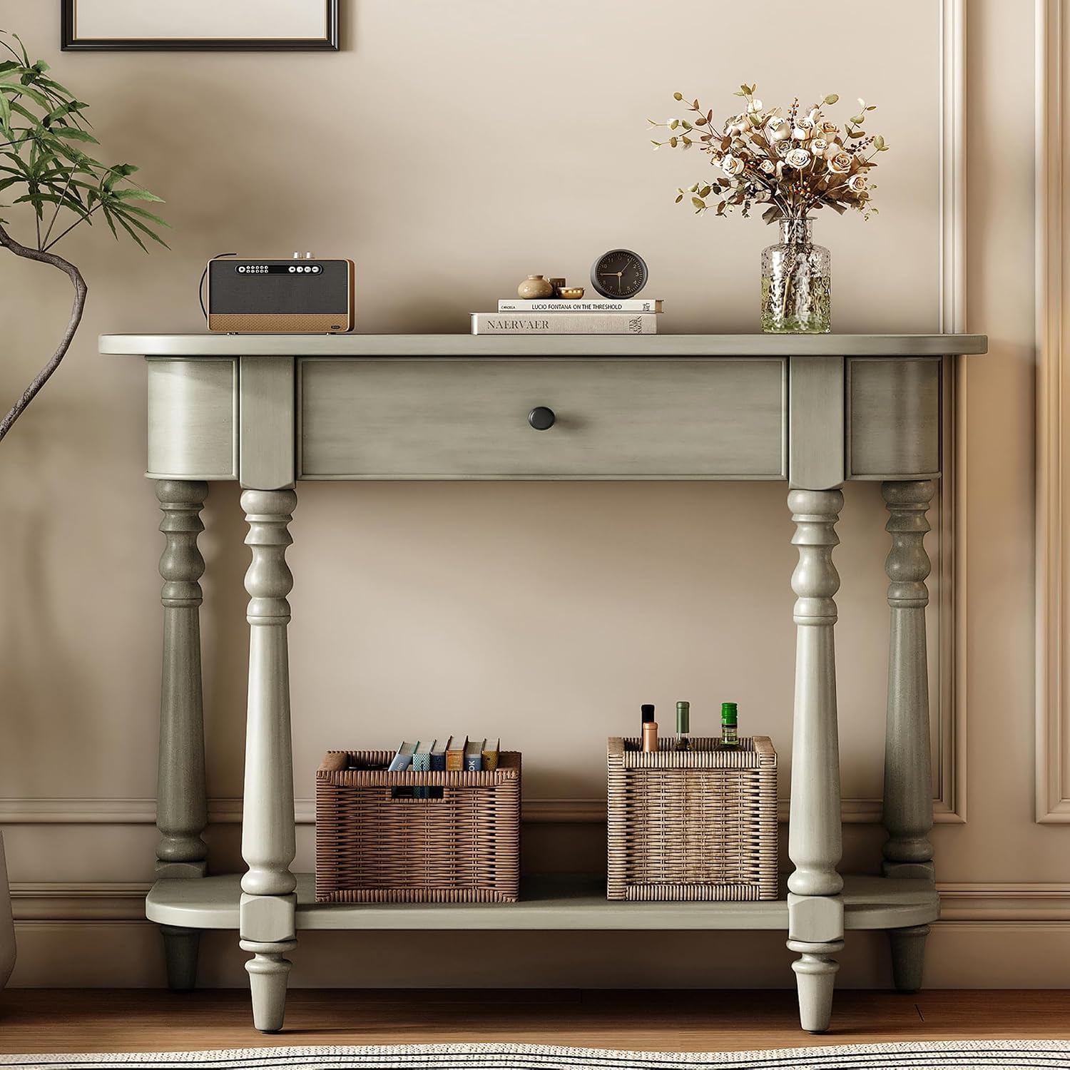 Small Curved Console Table 36-Inch Retro Farmhouse Entryway Sofa Table with Drawer & Storage Shelf for Entry Hallway Foyer Living Room Furniture, Solid Wood Legs, Space-Saving, Gray