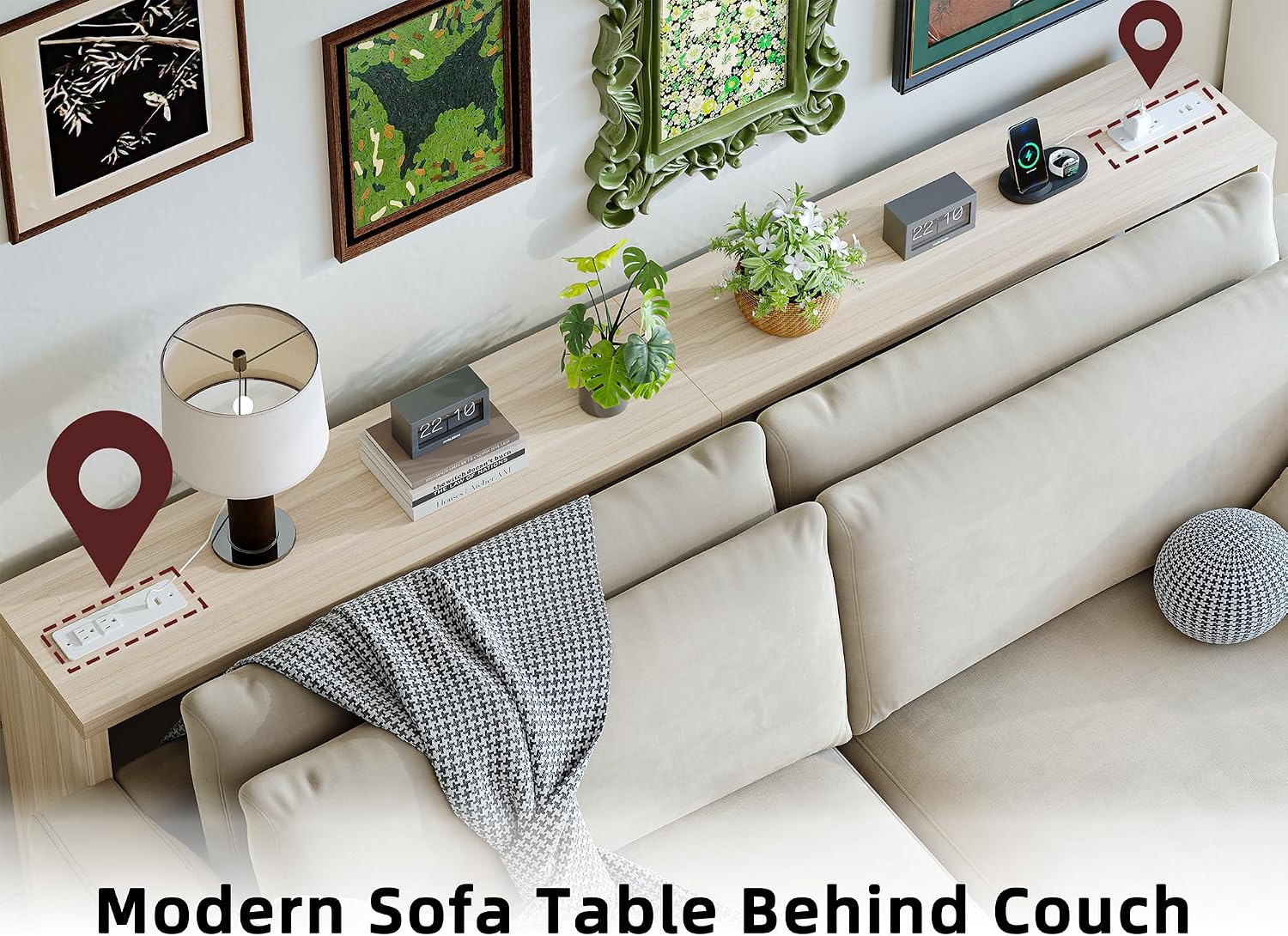 TIQLAB Sofa Table, 79''L x 9.1''W (1.2'' Thickness) Long Console Table Behind Couch, Entryway Table with Angled Metal Frame, Industrial Console Table, Light Walnut