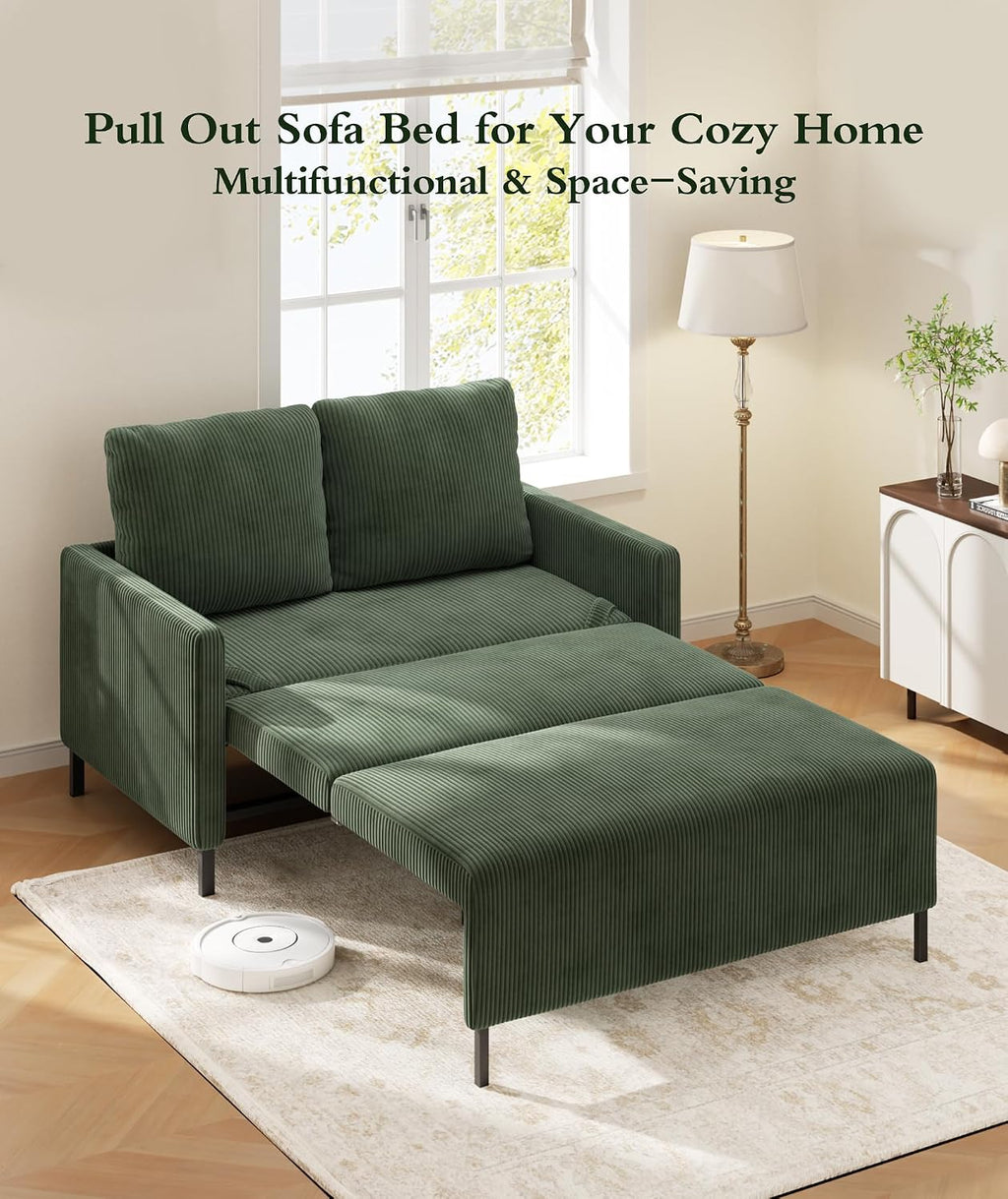 Corduroy Convertible Sofa Bed, 47' Loveseat Sleeper Sofa, Pull out Couch 618lb Capacity, Modern Sleeper Couch Bed 2 Fluffy Pillow Include, Small Couches for Small Spaces/Apartment/Office, Forest Green