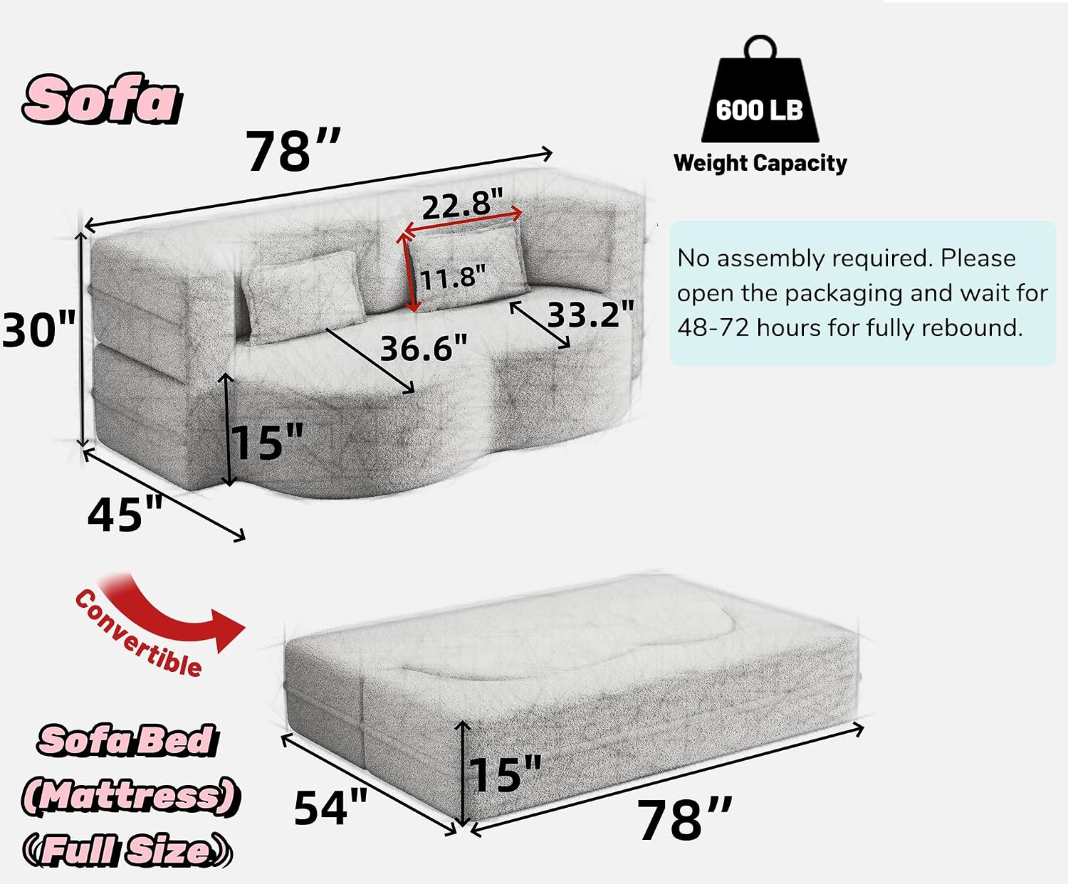 JOYBASE 78in Sofa Couch Convertible Oversized Cloud Loveseat Minimalist Sleeper Sofa Bed for Living Room, Apartment, Office, No Assembly Required (Grey)