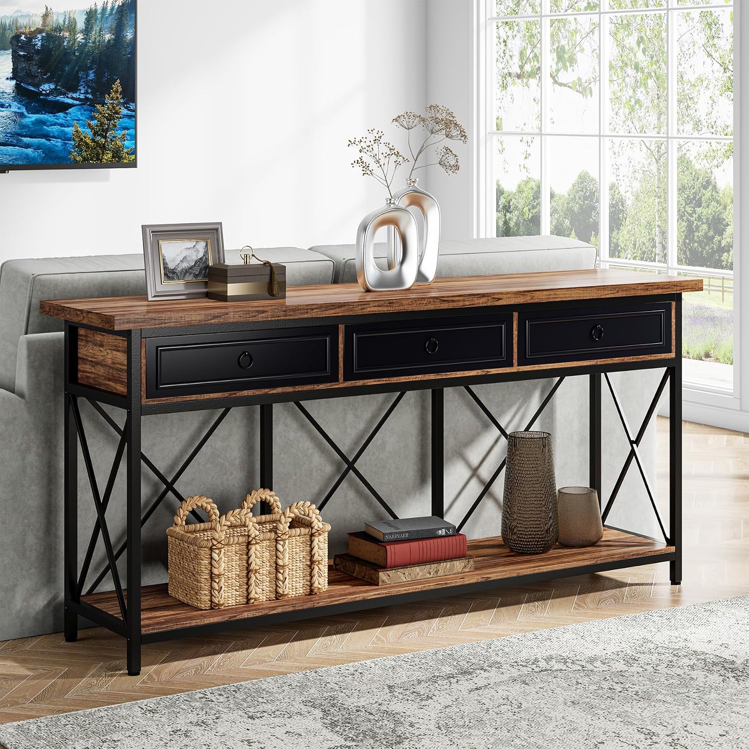 Tribesigns 70.8' Console Table with 3 Drawers, Farmhouse Entryway Table with Storage Shelf, Narrow Long Sofa Foyer Table for Entryway, Hallway (Brown/Black)