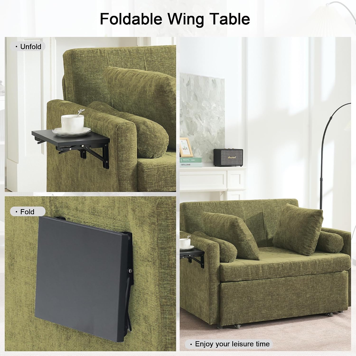 45' Oversize 3-in-1 Sleeper Chair, 75' Long Pull-Out Sleeper Sofa Bed with Wing Table and Side Pocket for Living Room, Bedroom, Small Space, Green
