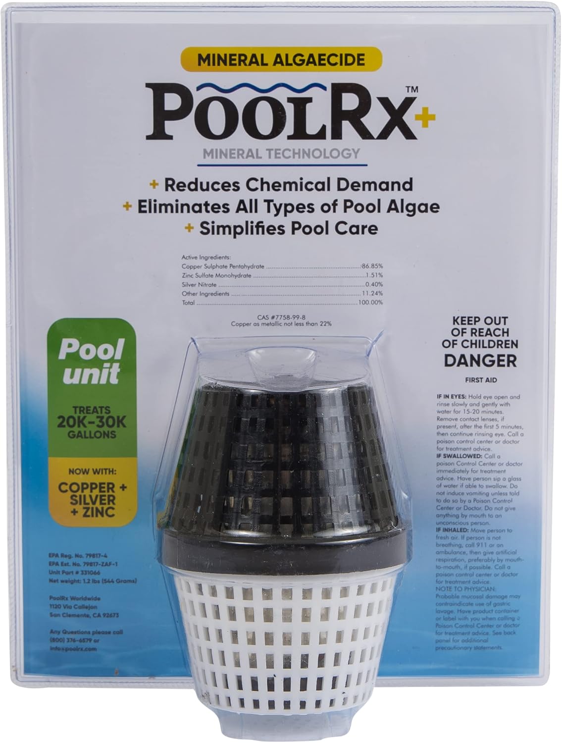 PoolRX+ Pool Unit 20k-30k gallons & 101066 6 Month Algaecide Treats 20k-30k gallons, Black