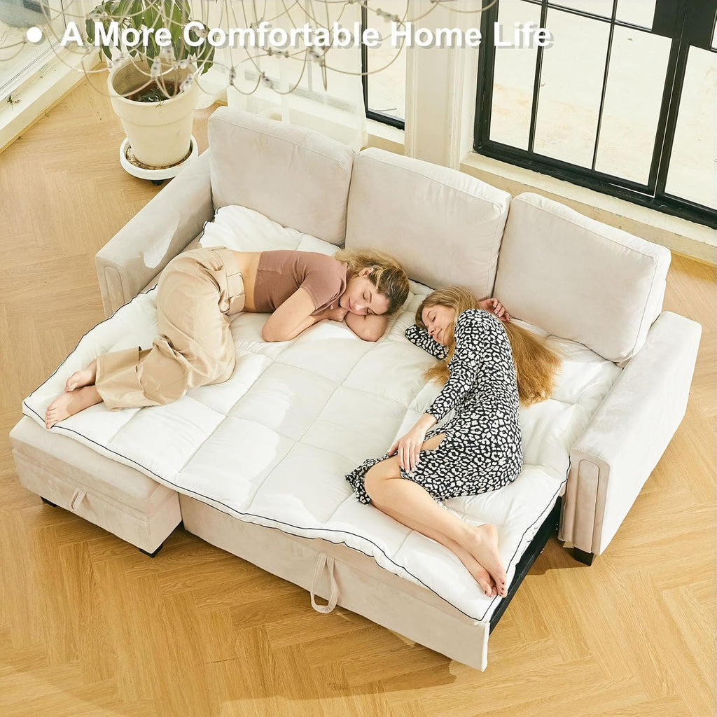 Belffin Modular Sectional Sleeper Sofa with Pull Out Bed Convertible Velvet Sleeper Sofa with Storage Sectional Couches for Living Room Beige