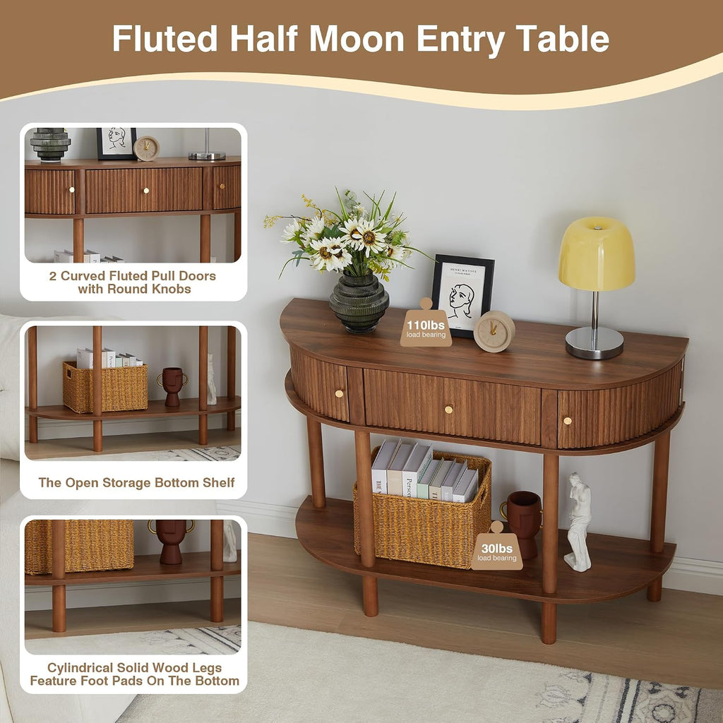 XUZENEST 43.3' Fluted Half Moon Console Table, Modern Entryway Console Sofa Table with Storage, Narrow Wood Accent Tables Behind Couch Tables for Living Room, Hallway, Foyer(Walnut)