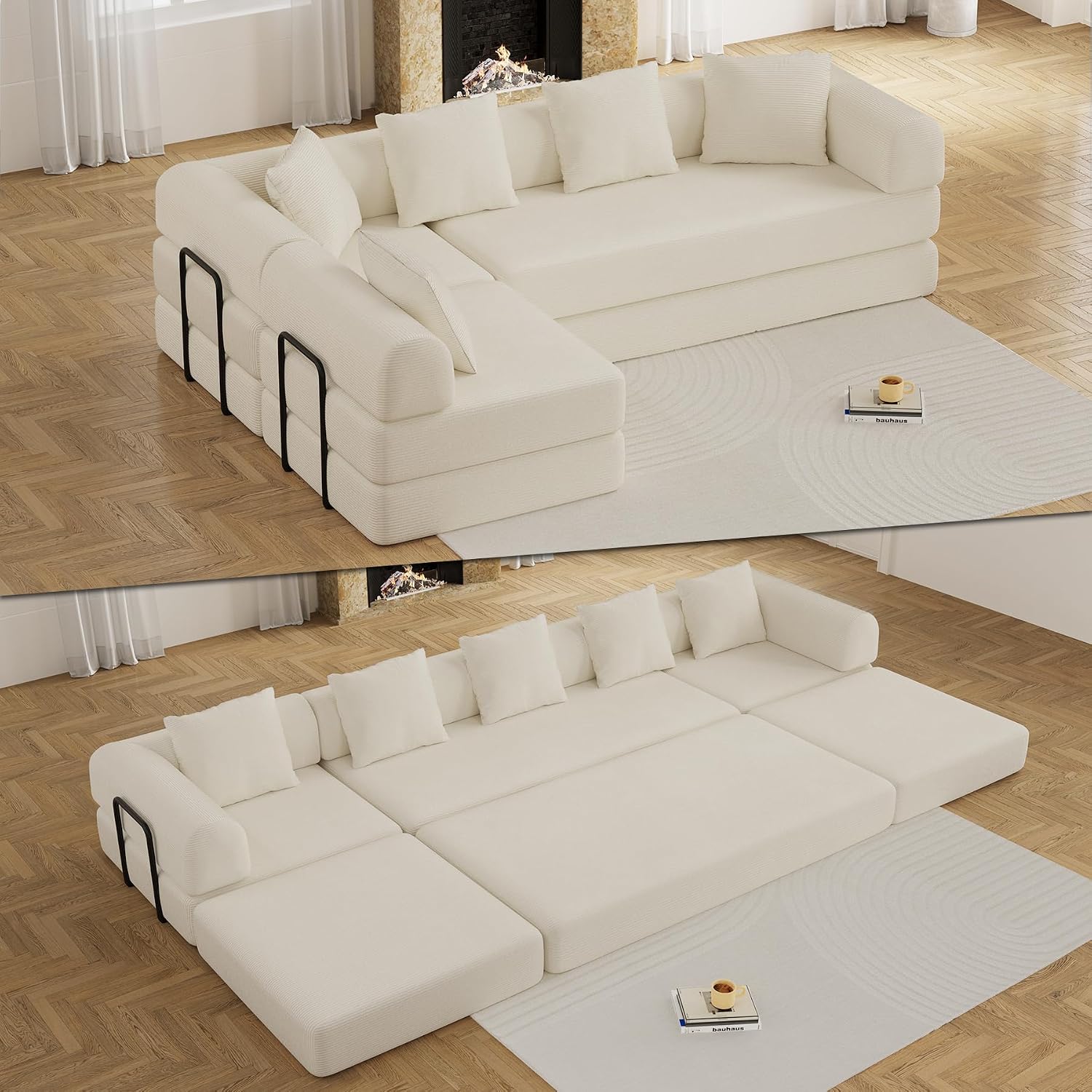 DAMAIFROM Convertible Sleeper Sofa Bed with Cylindrical Pillow,Corduroy Folding Mattress Couch with Fixed-Shape Frame,Modular Floor Sofa Lounge Couch for Living Room Bedroom Lounge,158.6',Beige White