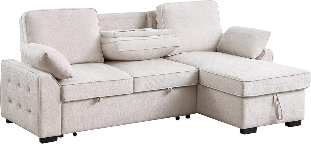 ERYE L-Shaped Pull Out Sleeper Couch Bed, Modern Chenille Upholstered Button Tufted Corner Couch Reversible Sectional Sleeper Sofa Bed W/Storage Chaise, Cup Holders