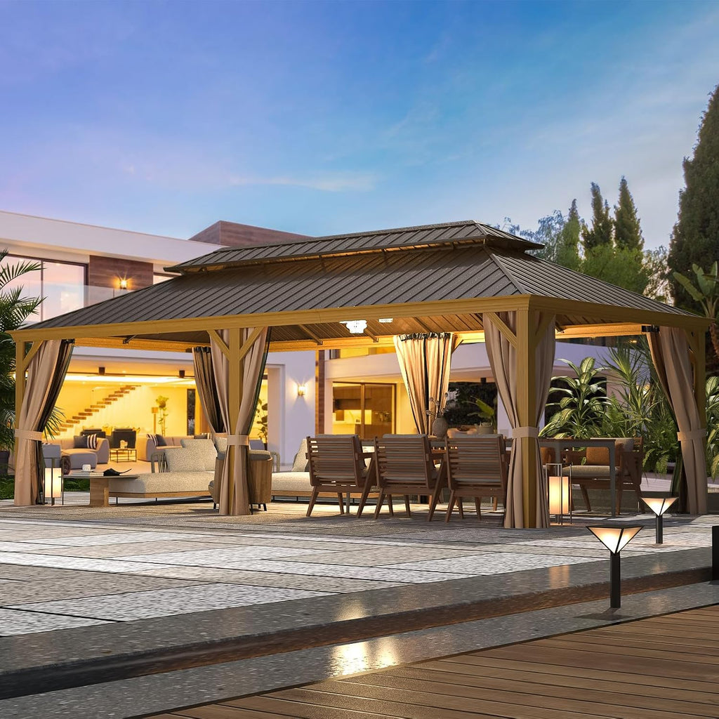 YOLENY 12' x 24' Gazebo, Wood Grain Aluminum Frame Pergola with Double Galvanized Steel Roof, Outdoor Permanent Metal Pavilion with Curtains and Nettings for Patio, Backyard and Deck