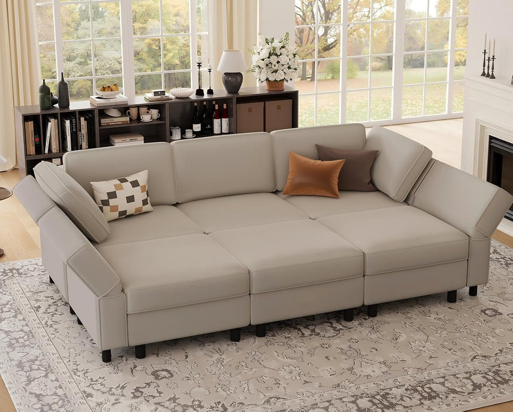 Belffin 88.6' Modular Sectional Sofa,Couch with Deep Seat,Convertible 6 Seat Sleeper Sofa Couch with Movable Storage Ottoman Chaise,Comfy Upholstered Sectional Couches for Living Room,Grey Velvet