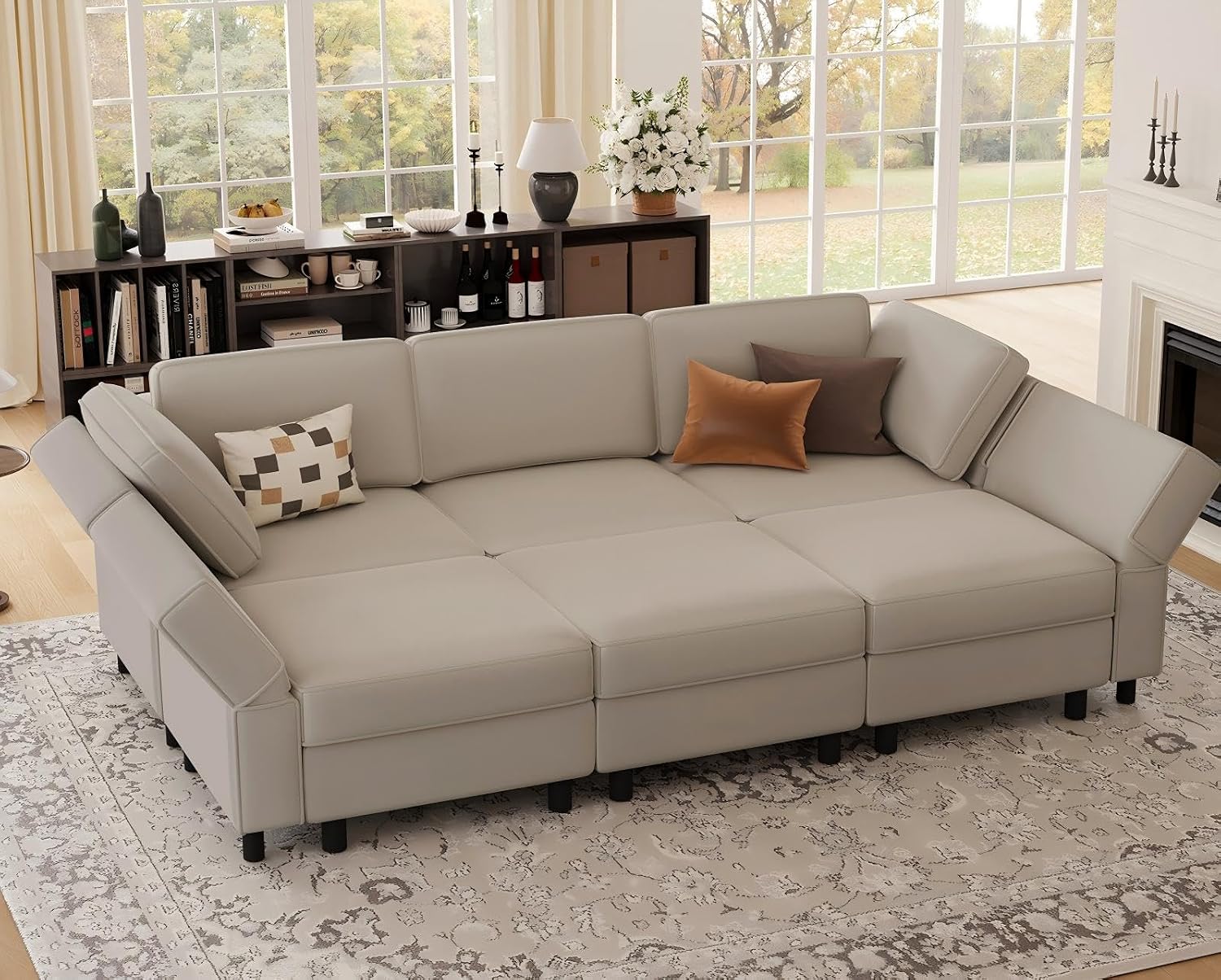 Belffin 88.6' Modular Sectional Sofa,Couch with Deep Seat,Convertible 6 Seat Sleeper Sofa Couch with Movable Storage Ottoman Chaise,Comfy Upholstered Sectional Couches for Living Room,Grey Velvet