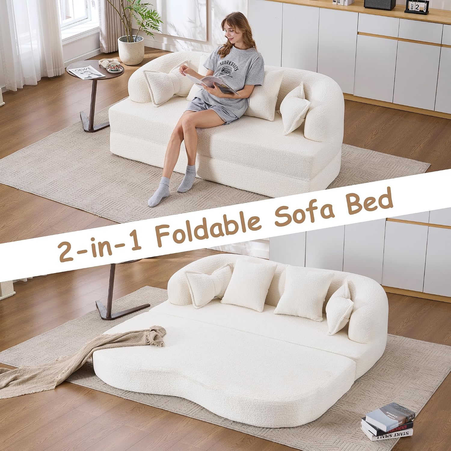 70' Convertible Sofa Bed, 2-in-1 Boneless Sleeper Sofa, Soft Chenille Folding Sofa Loveseat with 4 Pillows, Love Seat Small Couch for Small Spaces, Living Room, Bedroom, No Assembly