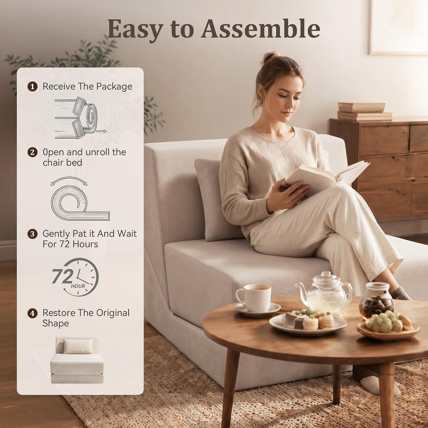 Fold Out Chair Bed, Folding Sofa Bed with High-Density Support Foam, Portable 3 in 1 Convertible Chair Bed Sleeper for Adults, Versatile Floor Couch for Living Room Bedroom, White | Washable Cover, Sleeper Chair, Folding Sofa Bed