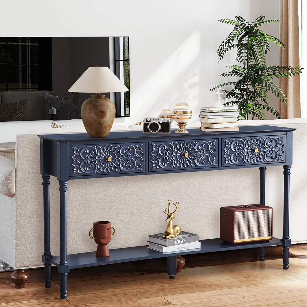 weselon 55.5' Carved Console Table with 3 Drawers, 2-Tier Sofa Table with Glossy Floral Surface and Solid Wood Legs, Mid-Century Modern Entryway Table for Living Room Hallway (Midnight Blue)