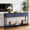 weselon 55.5' Carved Console Table with 3 Drawers, 2-Tier Sofa Table with Glossy Floral Surface and Solid Wood Legs, Mid-Century Modern Entryway Table for Living Room Hallway (Midnight Blue)