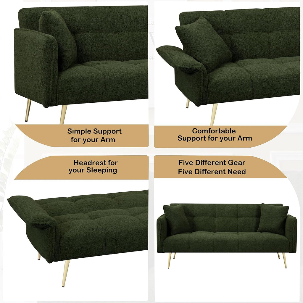 70 inch Upholstered Teddy Fleece Sofabed with Adjustable Arms and Backrest,Modern Convertible Futon Couch W/Metal Legs & Pillows,Love Sofa for Living Room,Bedroom,Apartment,Green, 70'