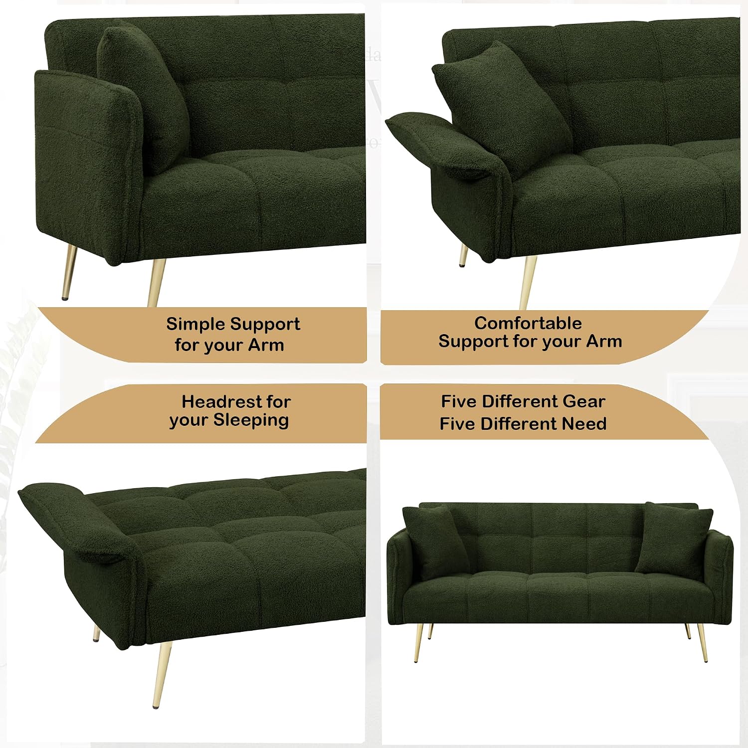 70 inch Upholstered Teddy Fleece Sofabed with Adjustable Arms and Backrest,Modern Convertible Futon Couch W/Metal Legs & Pillows,Love Sofa for Living Room,Bedroom,Apartment,Green, 70'