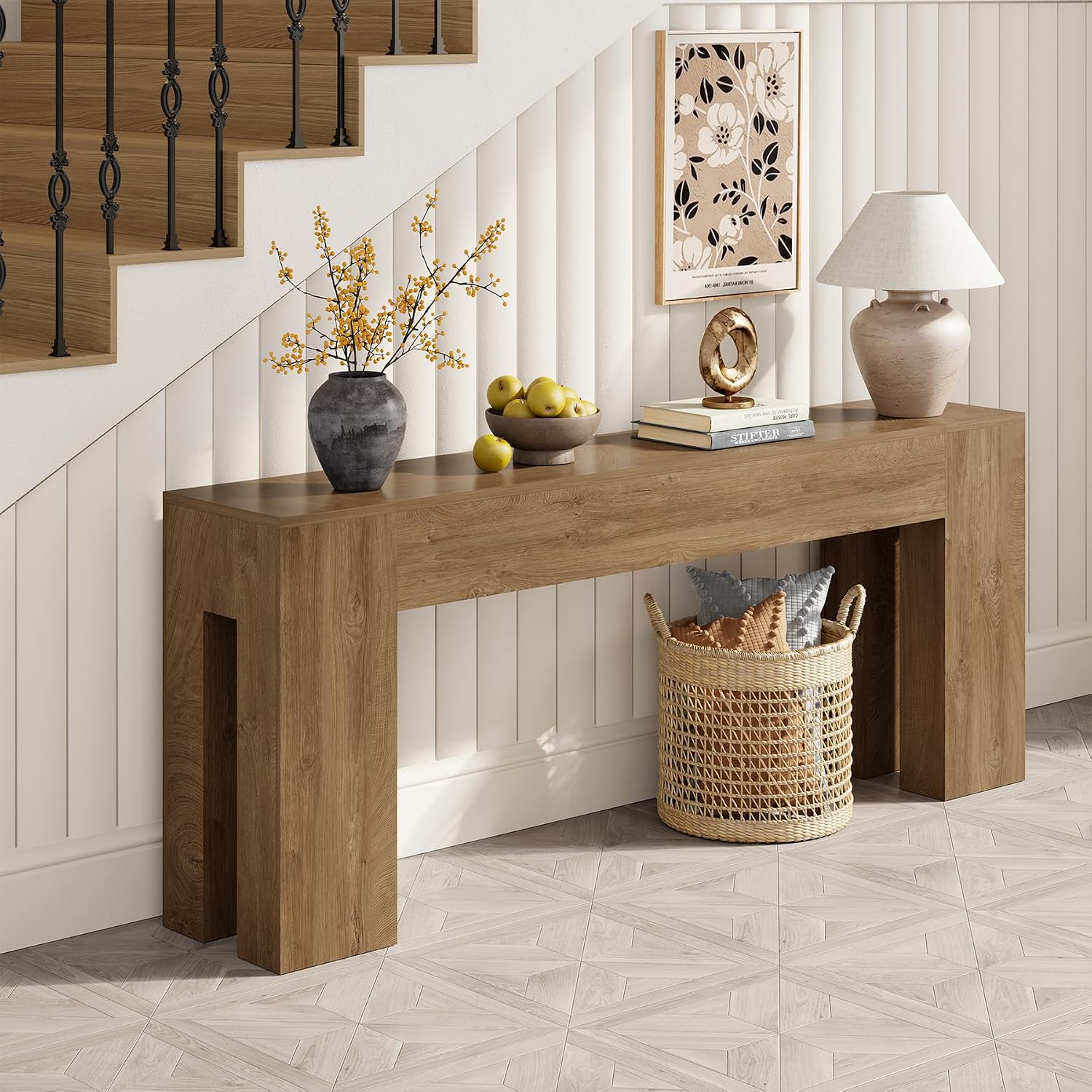 Epecoya Extra Long Sofa Console Table for Entryway Living Room, 79-Inch Farmhouse Wood Behind Couch Table, Rectangular Accent Console with Wooden Double Base for Hallway Foyer Entrance, Natural Oak