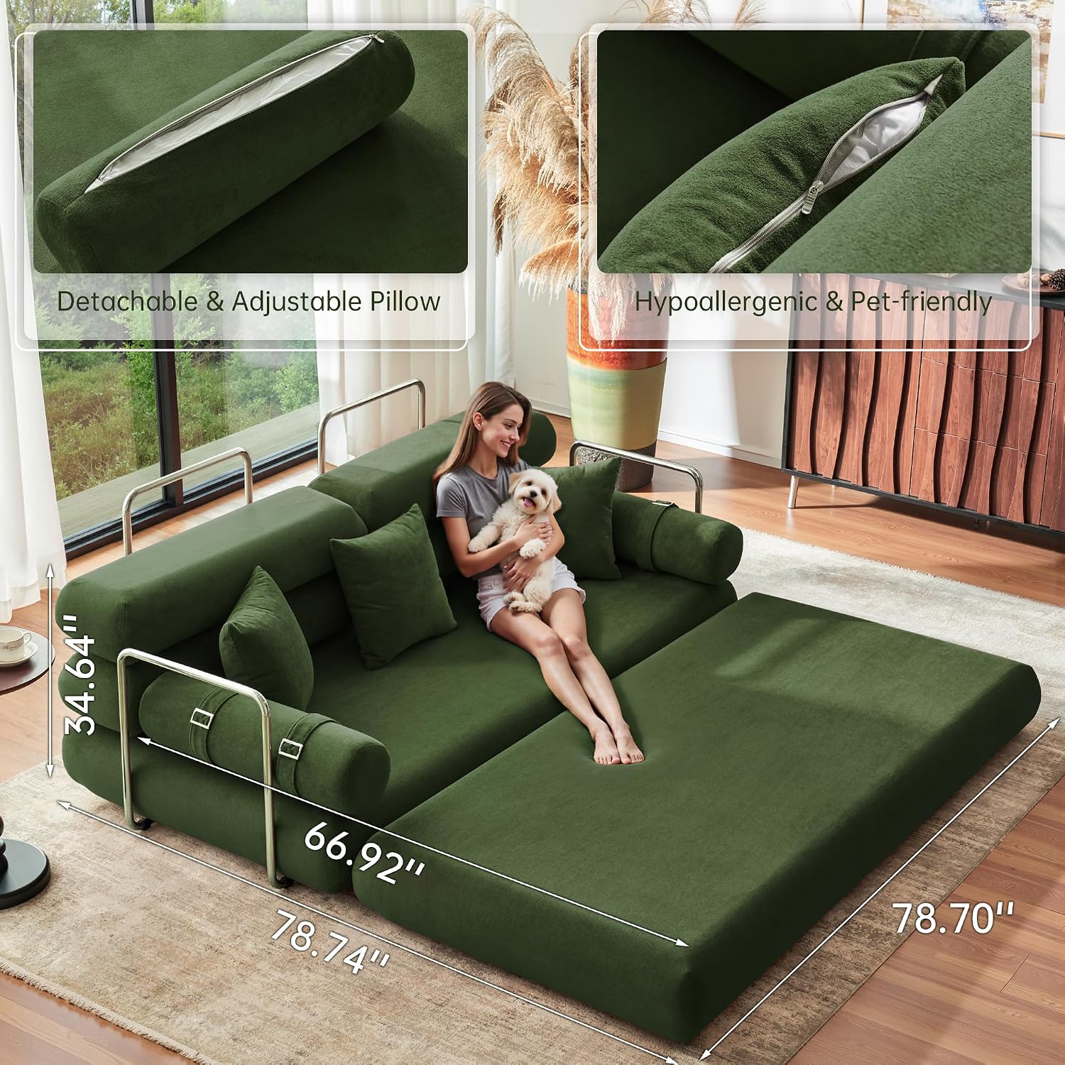 YINIX Convertible Sleeper Sofa - 35'' High-Back Floor Couch Bed - Folding Sofa Bed with Rounded Arm Supports - Floor Sofa Lounge Sofa Bed for Living Room - Green