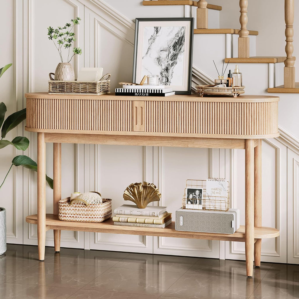 LINSY Fluted Console Table with Storage, Entryway Table Wood Entrance Tables for Front Door, Behind Couch Sofa Table with Shelves, Foyer Tables for Hallways, Living Room Boho Furniture, Light Wood