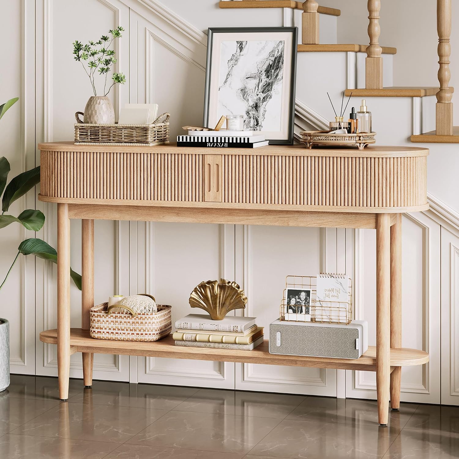 LINSY Fluted Console Table with Storage, Entryway Table Wood Entrance Tables for Front Door, Behind Couch Sofa Table with Shelves, Foyer Tables for Hallways, Living Room Boho Furniture, Light Wood