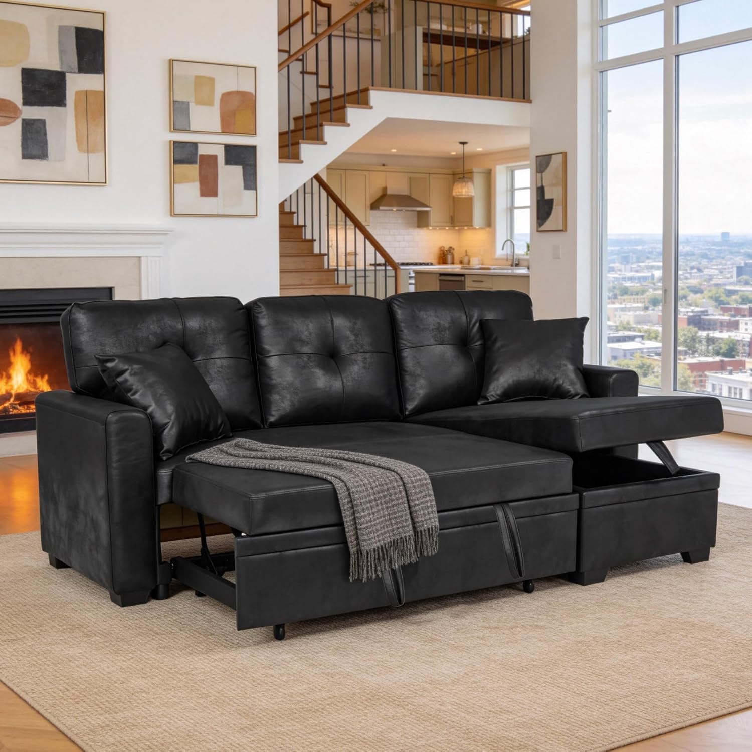 71' L-Shaped Couch with Pull Out Bed, Modern Sofa Bed Couch with Storage, Foil Fabric Convertible Sleeper Sofa, Multi-Functional Sectional Couches for Living Room, Apartment, Black