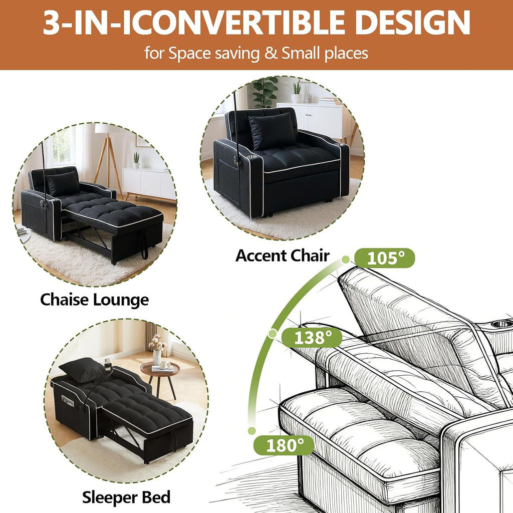 Majnesvon Modern Velvet Fabric Sofa Bed Futon,3 in 1 Convertible Pullout Bed Couches with 3 Reclining Backrests,Phone Stand,Small Sofa Single Sleeper Chair Bed for Living Room Bedroom (Black)