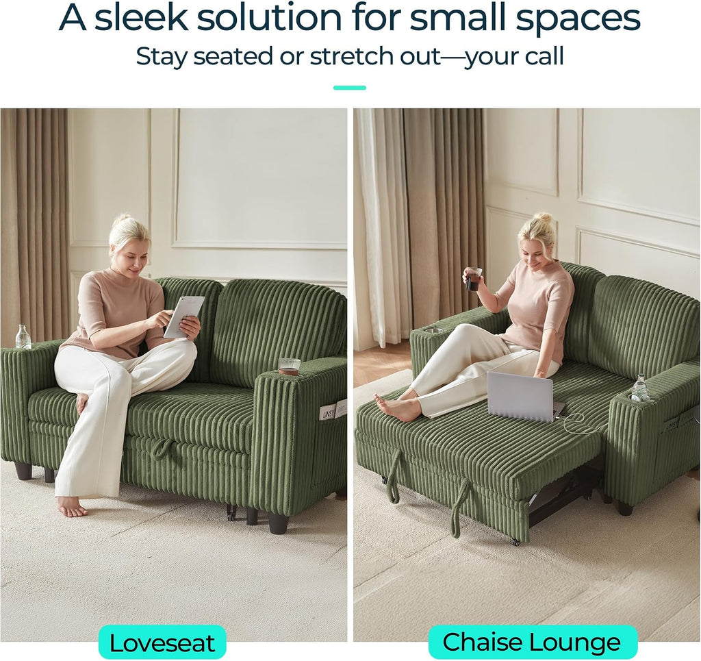LINSY HOME Loveseat Sofa Couch with USB Charging & Cup Holders, Convertible Pull Out Couch Chaise 2 Seater Sofa, Comfy Plush Corduroy Love Seat for Small Spaces Living Room Apartment (Green)