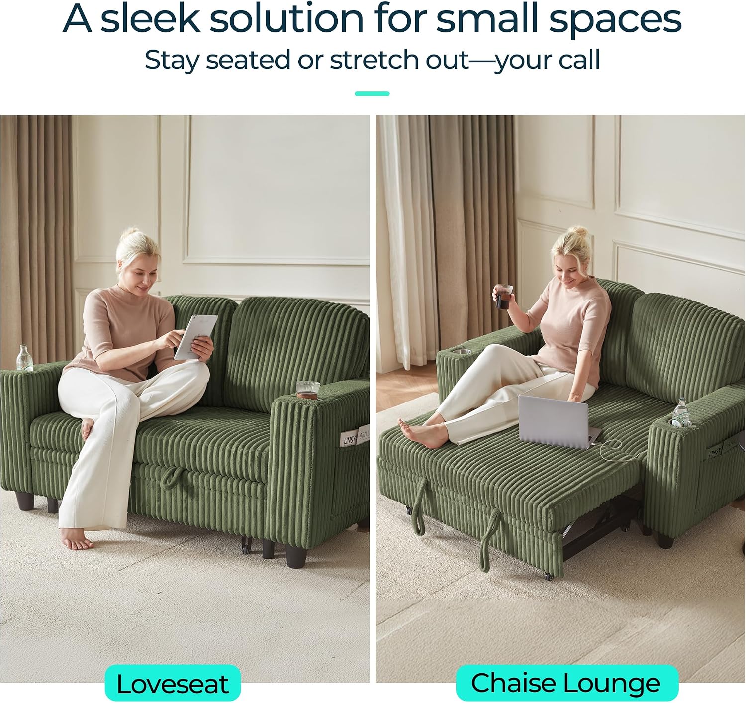 LINSY HOME Loveseat Sofa Couch with USB Charging & Cup Holders, Convertible Pull Out Couch Chaise 2 Seater Sofa, Comfy Plush Corduroy Love Seat for Small Spaces Living Room Apartment (Green)