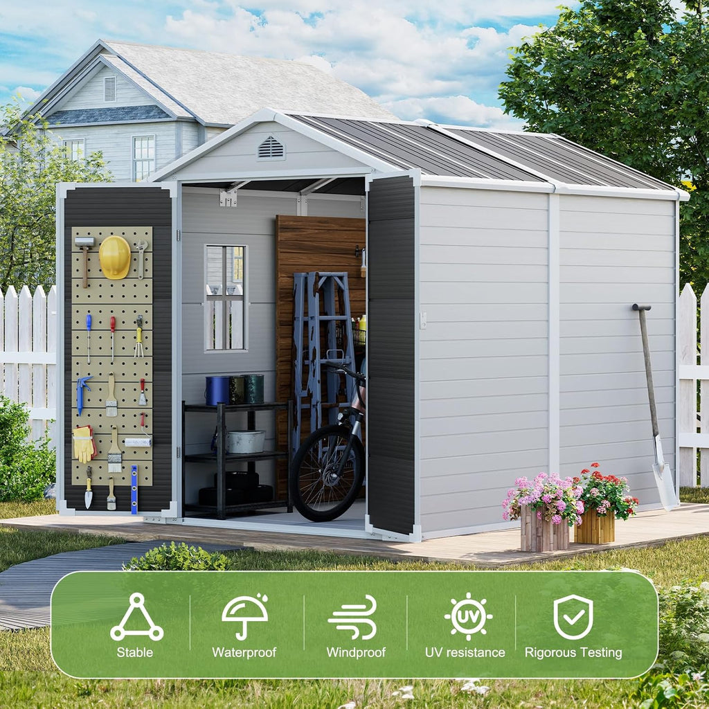 8x6 FT Storage Shed, Large Waterproof Resin Outdoor Sheds with Floor & Lockable Door & Window & Vents, Plastic Tool Shed for Outside, Garden, Poolside, Dove Grey