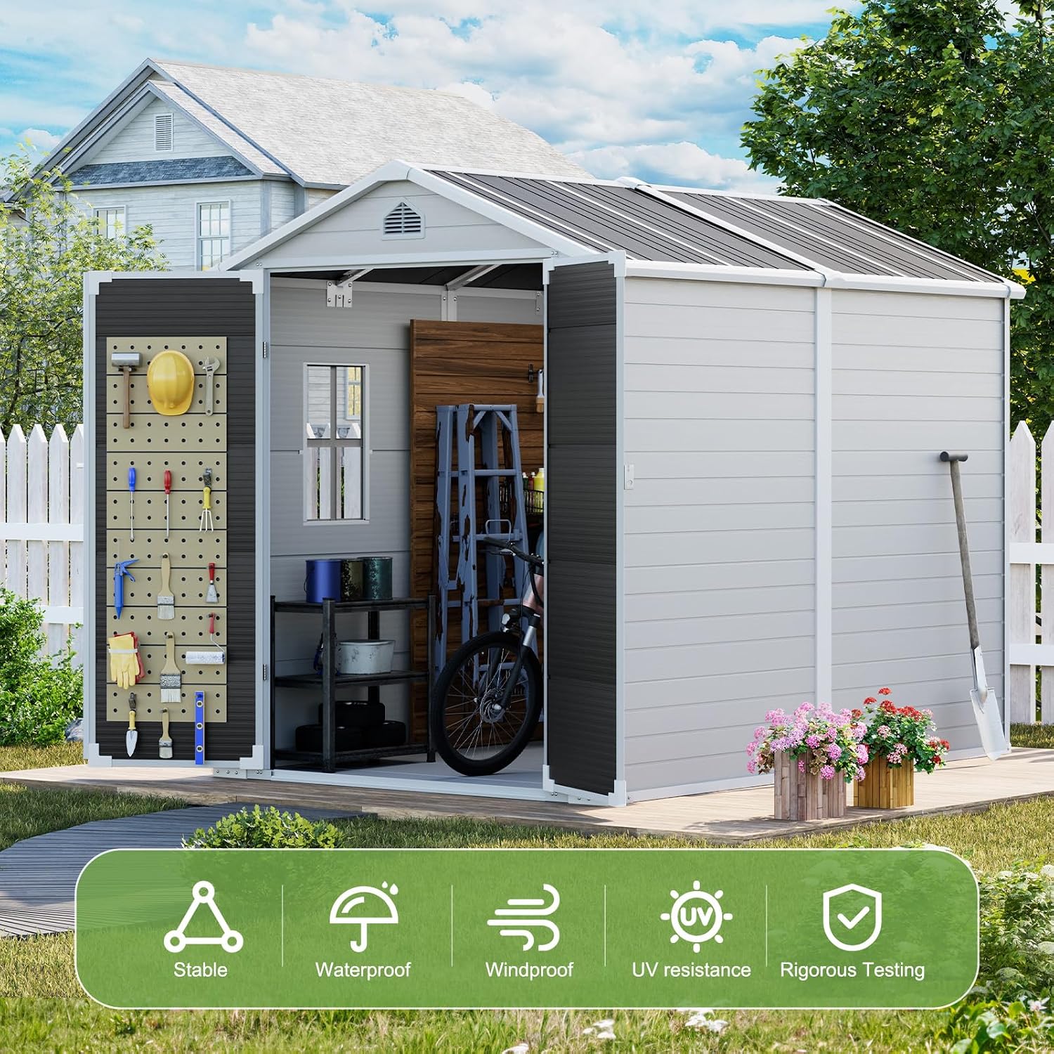 8x6 FT Storage Shed, Large Waterproof Resin Outdoor Sheds with Floor & Lockable Door & Window & Vents, Plastic Tool Shed for Outside, Garden, Poolside, Dove Grey