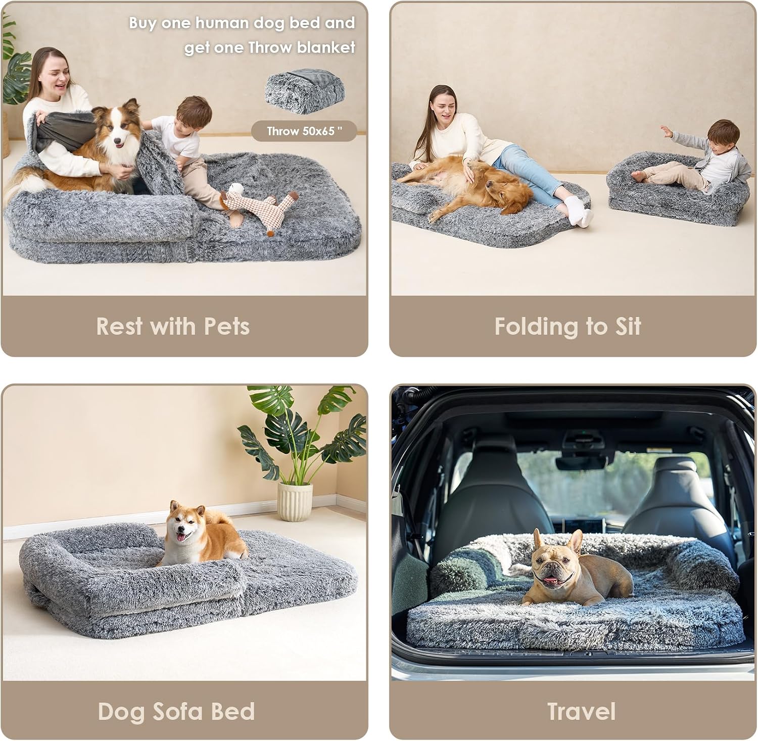 EHEYCIGA Foldable Human Dog Bed, 72'x44'x11' Orthopedic Memory Foam Human Sized Dog Bed, Waterproof Pet Bed for People, Faux Fur Pet Couch for Adult with Non-Slip Bottom, Grey