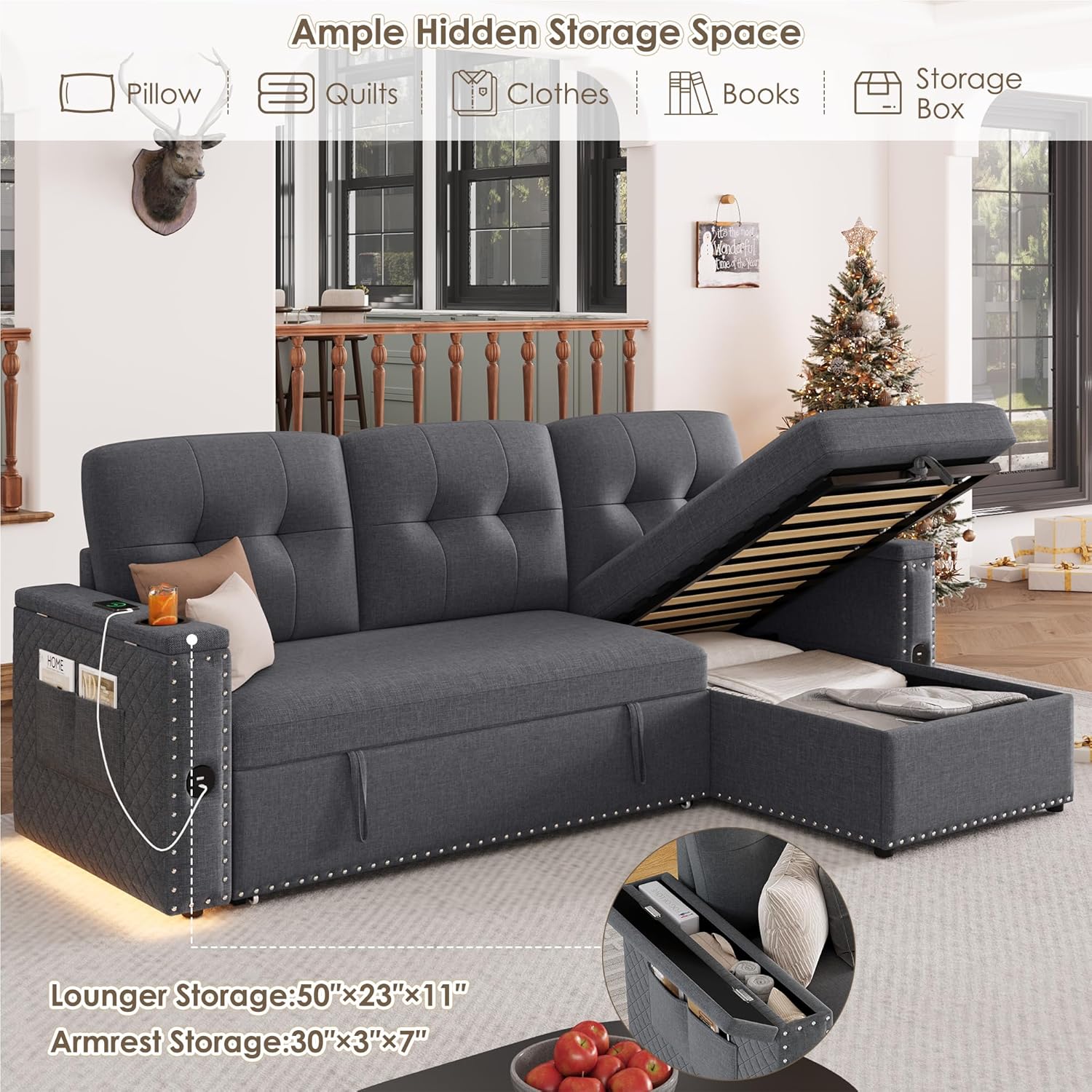 HIFIT Sleeper Sofa Bed- 81' L Shaped Pull Out Couches for Living Room with Storage Chaise, 2 Storage Armrest, LED Light&USB Port&Cupholder, Modern Linen Sectional Home Sofa Living Room Furniture, Grey