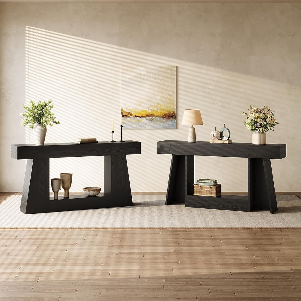LITTLE TREE 63' Farmhouse Console Table with Storage, Rustic Sofa Table for Entryway, Narrow Long Sofa Table Behind Couch, Console Table for Living Room, Hallway—Versatile Storage Solution, Black