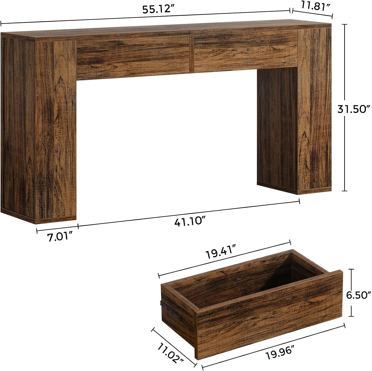Farmhouse Console Table with LED Light and 2 Drawers, 55 inch Long Sofa Table Behind Couch, Narrow Entry Table for Entryway, Hallway, Entrance, Living Room (Rustic Brown)