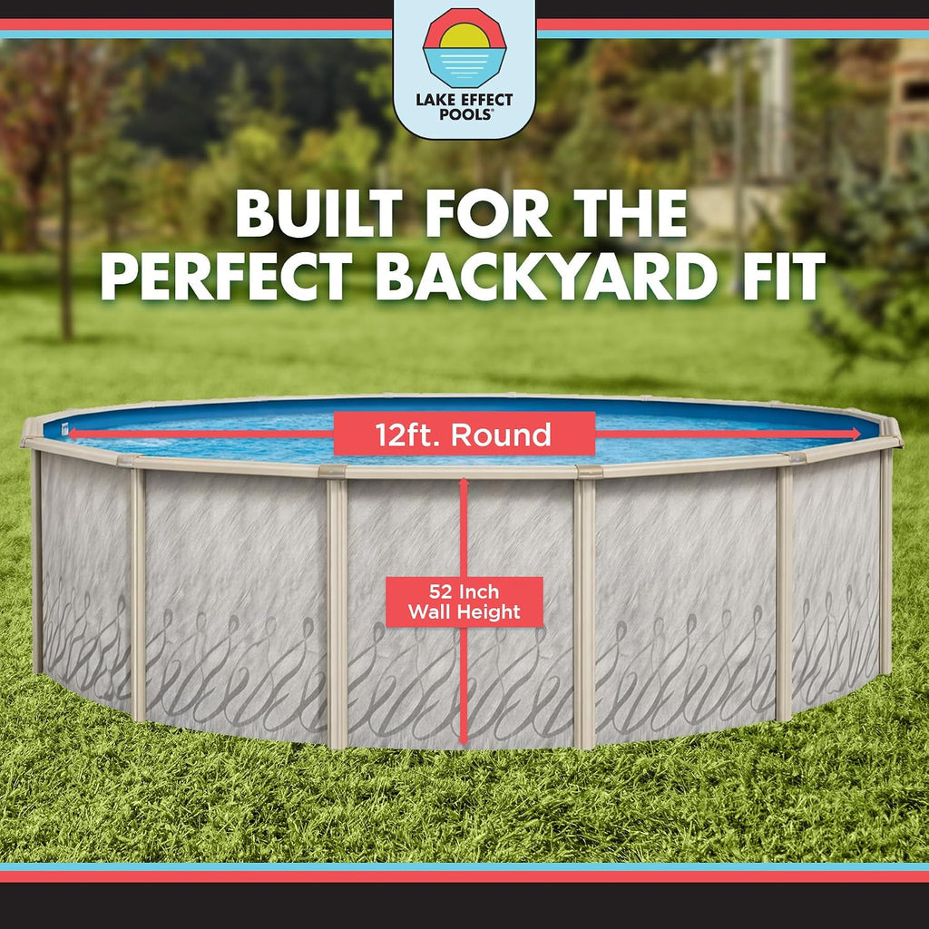 Lake Effect Pools 'Meadows Reprieve' 12 ft Round Above Ground Swimming Pool Bundle | 52 Inch Height | Steel Sided Walls | Kit Includes: 25 Gauge Liner, A-Frame Ladder, Sand Filter/Pump, & Skimmer
