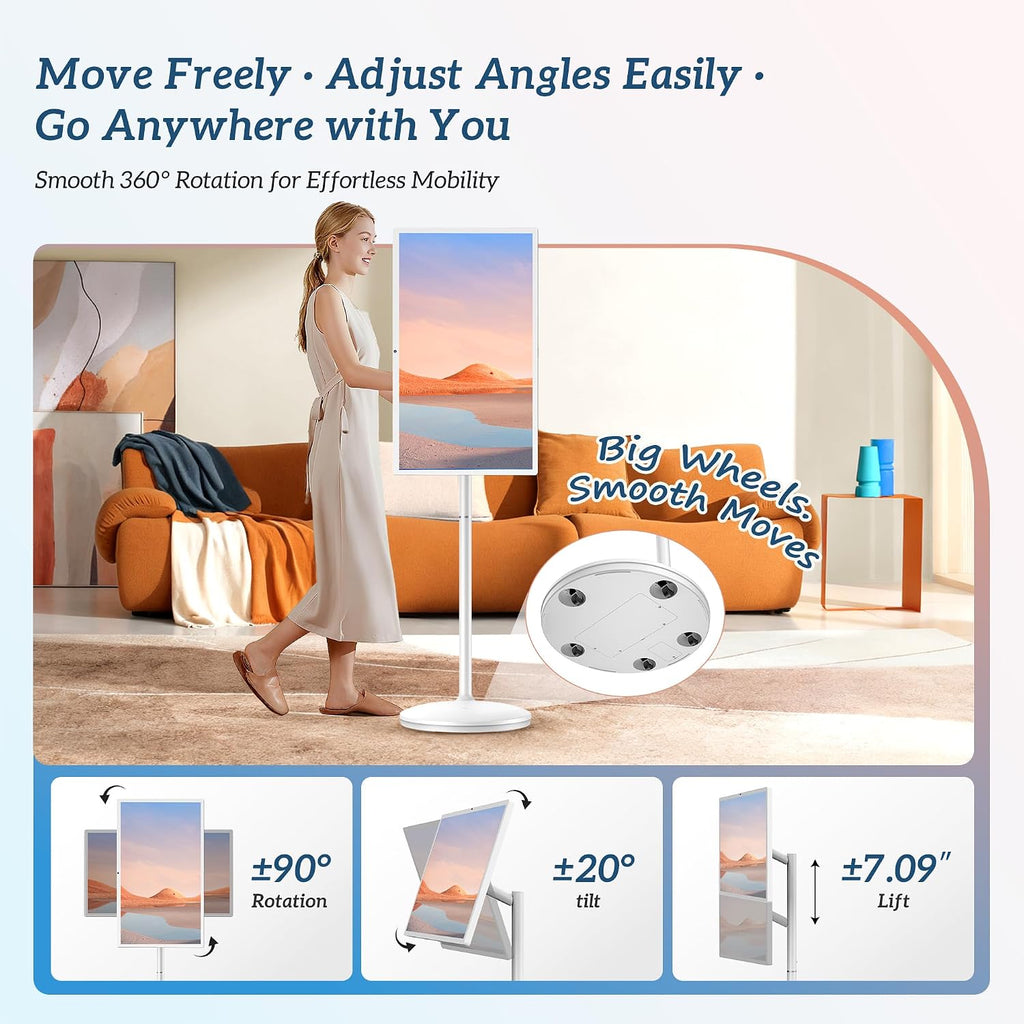32' Smart Portable TV on Wheels, UHD Touch Screen Rolling TV, 16GB RAM + 128GB Storage, Powerful Qualcomm Snapdragon CPU, Android 14 EDLA Certified, Supports Google Play with 10000+ Apps