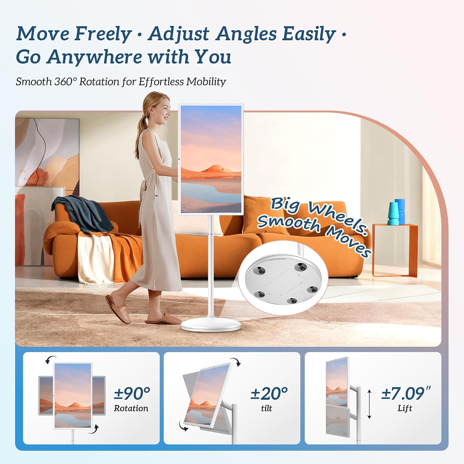 32' Smart Portable TV on Wheels, UHD Touch Screen Rolling TV, 16GB RAM + 128GB Storage, Powerful Qualcomm Snapdragon CPU, Android 14 EDLA Certified, Supports Google Play with 10000+ Apps