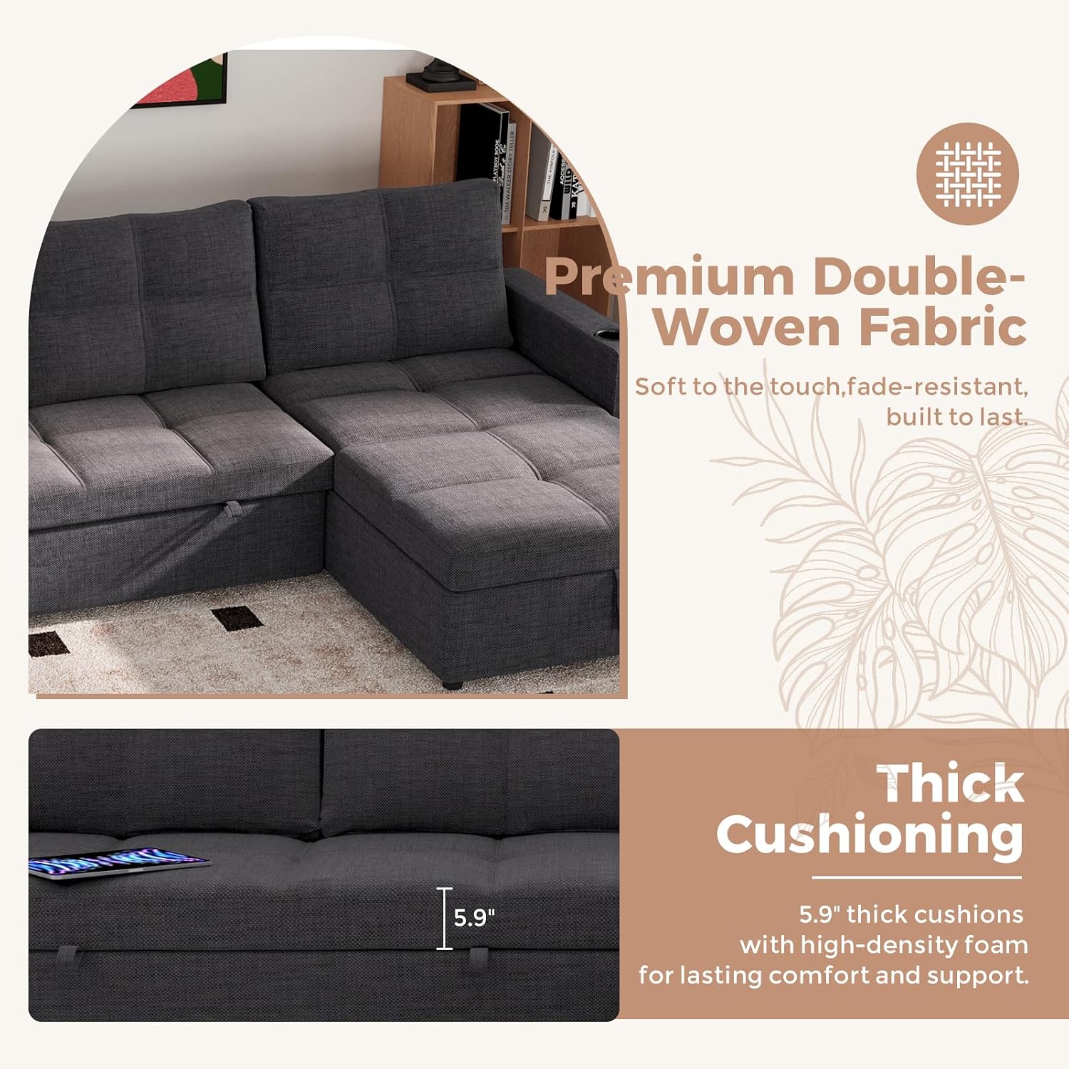 85 inch Sleeper Sofa Couch Bed with Storage Chaise,Pull Out Couch with USB Charging,Side Pockets,Convertible Sectional Sofa for Living Room,Apartment,Small Spaces,Dark Grey
