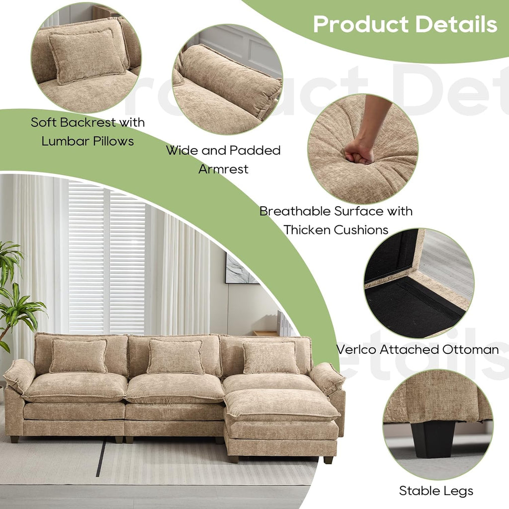 Oprisen 120' Modular Sectional Sofa, Comfy Cloud Couch Sectional Sofa with Ottoman, Chenille Sofa Sleeper Deep Seat Sofa with Throw Pillows for Living Room (Khaki, 120'- L Shape)