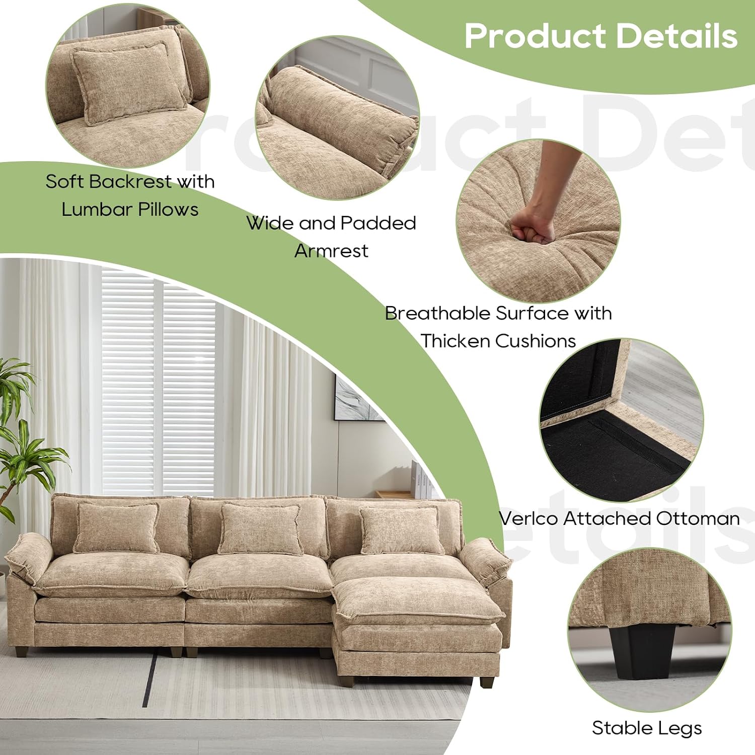 Oprisen 120' Modular Sectional Sofa, Comfy Cloud Couch Sectional Sofa with Ottoman, Chenille Sofa Sleeper Deep Seat Sofa with Throw Pillows for Living Room (Khaki, 120'- L Shape)