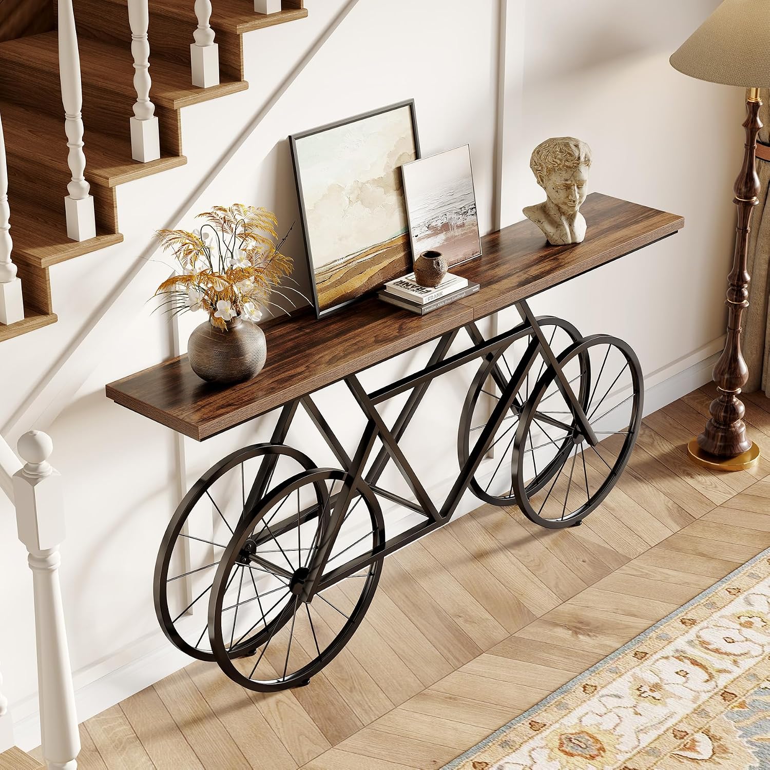 LITTLE TREE Narrow Sofa Table, 70.9-Inch Extra Long Console Table for Living Room, Entryway, with Unique Bicycle Metal Base. Rustic Brown