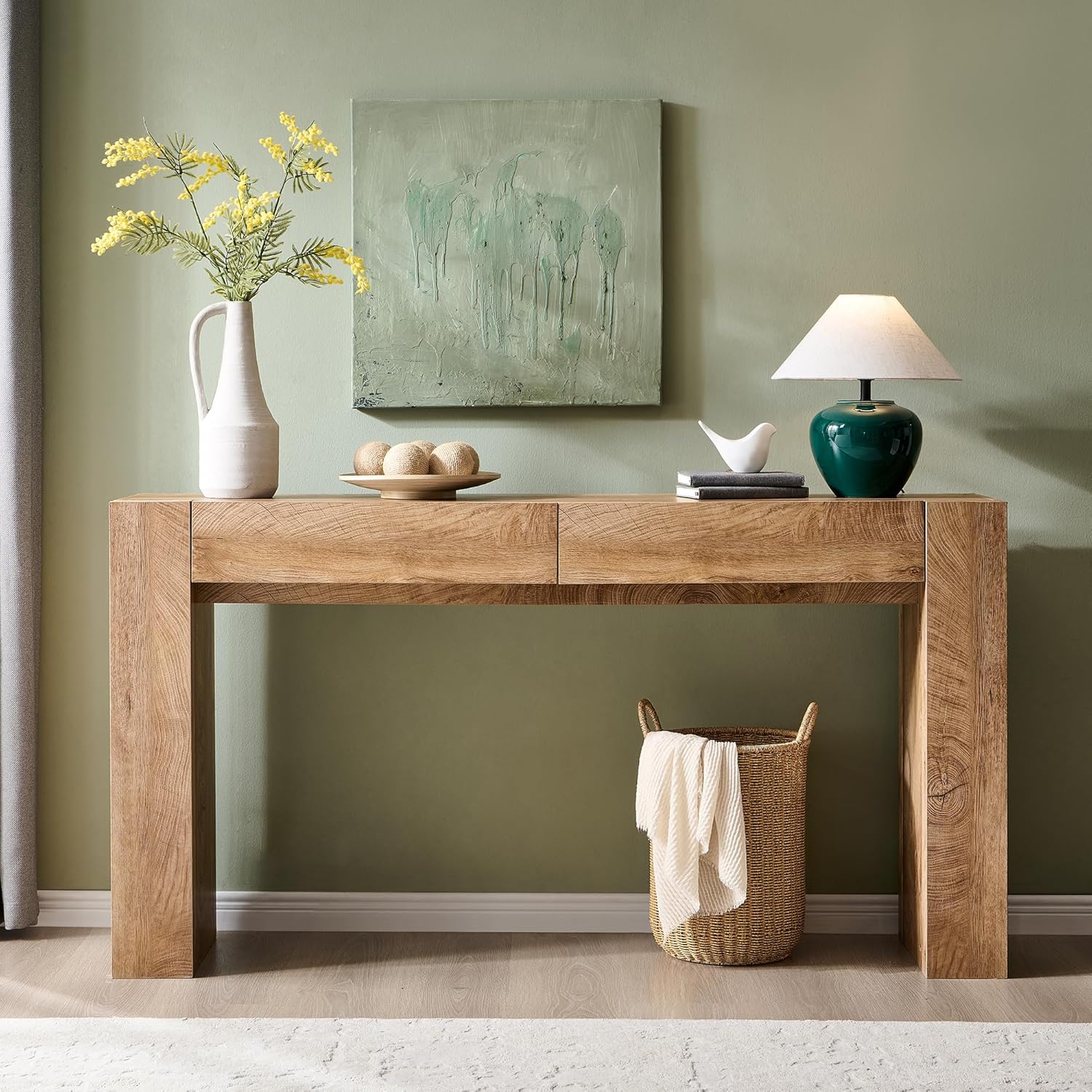 OKD Modern Entryway Console Table, Sofa Table with Drawers, 63' Long Hall Table Behind Couch, Thick Wood Design for Living Room, Hallway - Light Knotty Oak