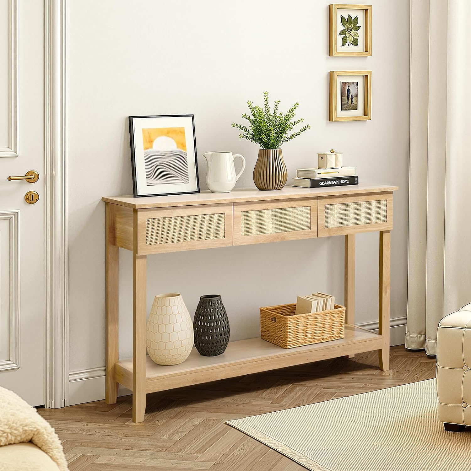 Karl home Console Table, Rattan Entryway Table with Storage Narrow Long, w/3 Drawers & Storage Shelf, Sofa Table Foyer Hallway Behind Couch Table for Living Room, Natural Wood