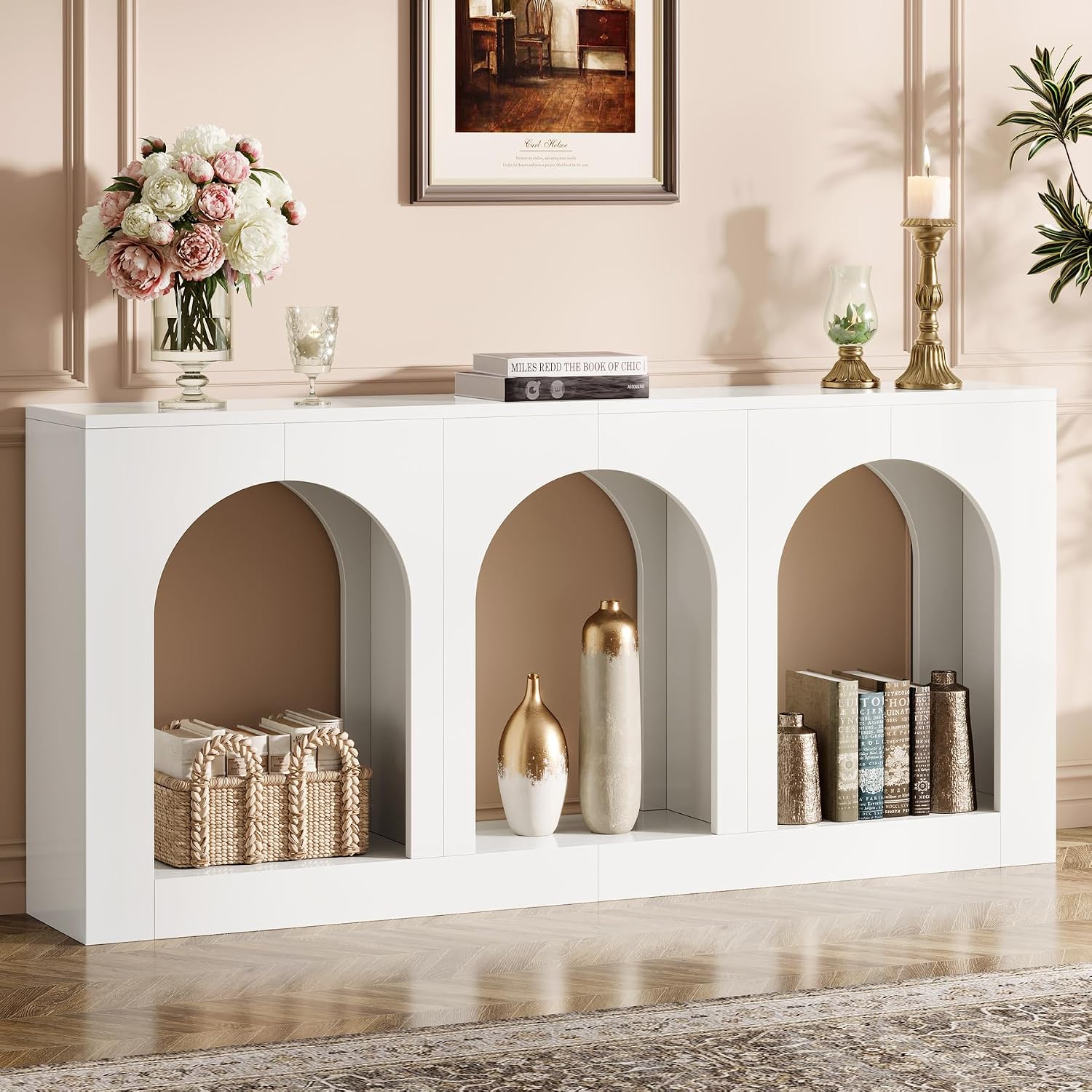 Tribesigns 70.9' White Console Table with Storage, Wood Entryway Entry Table with 3 Arched Shelves for Foyer, Hallway, Living Room, Behind Couch Sofa, Narrow Long