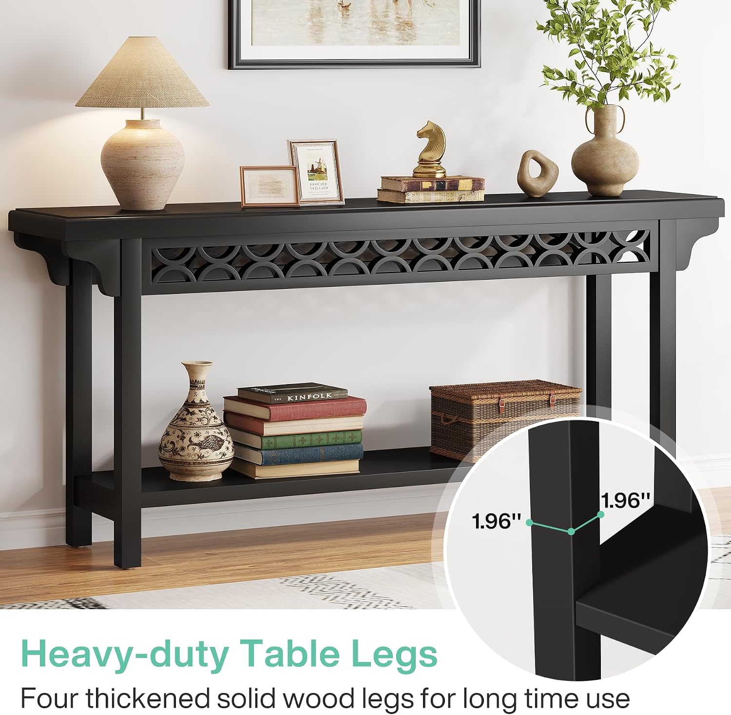 Tribesigns 70.8-Inch Solid Wood Long Console Table, Farmhouse Entryway Table with Storage, Narrow Sofa Table Grey Couch Table for Living Room Entryway Hallway (Black)